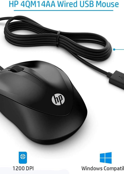 HP Wired Mouse 1000 (4QM14AA) – USB Optical Mouse 1200 DPI, Black
